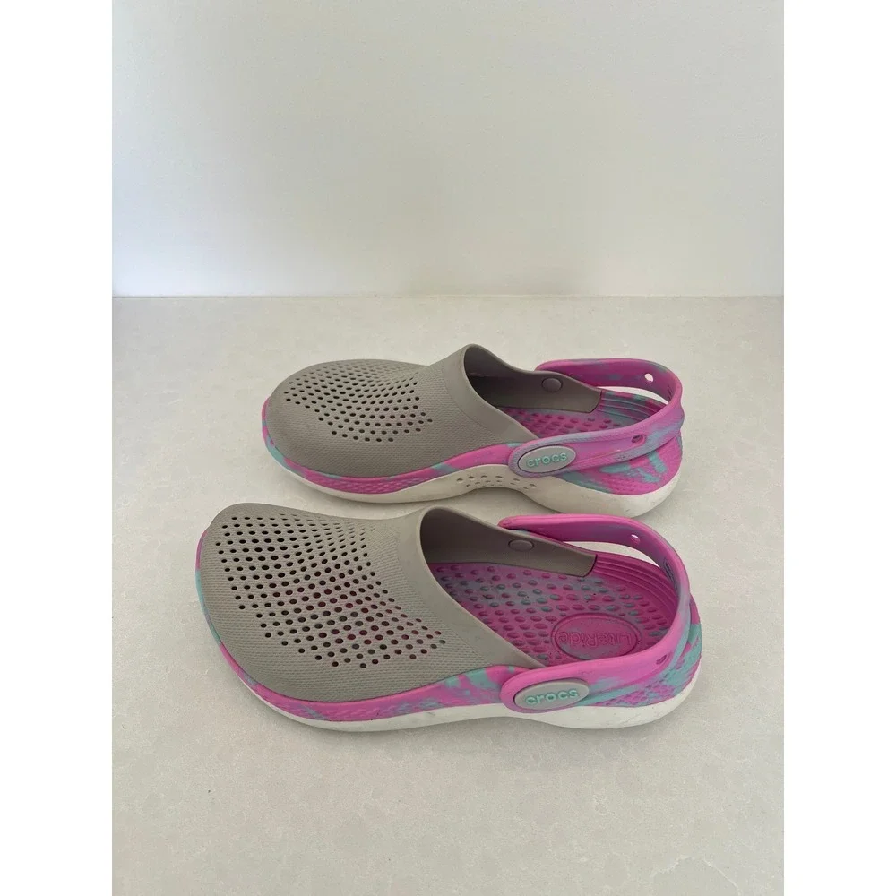 Crocs LiteRide Clogs Kids‎ J3 Grey Pink Teal Marble Swirl Slip On Shoes